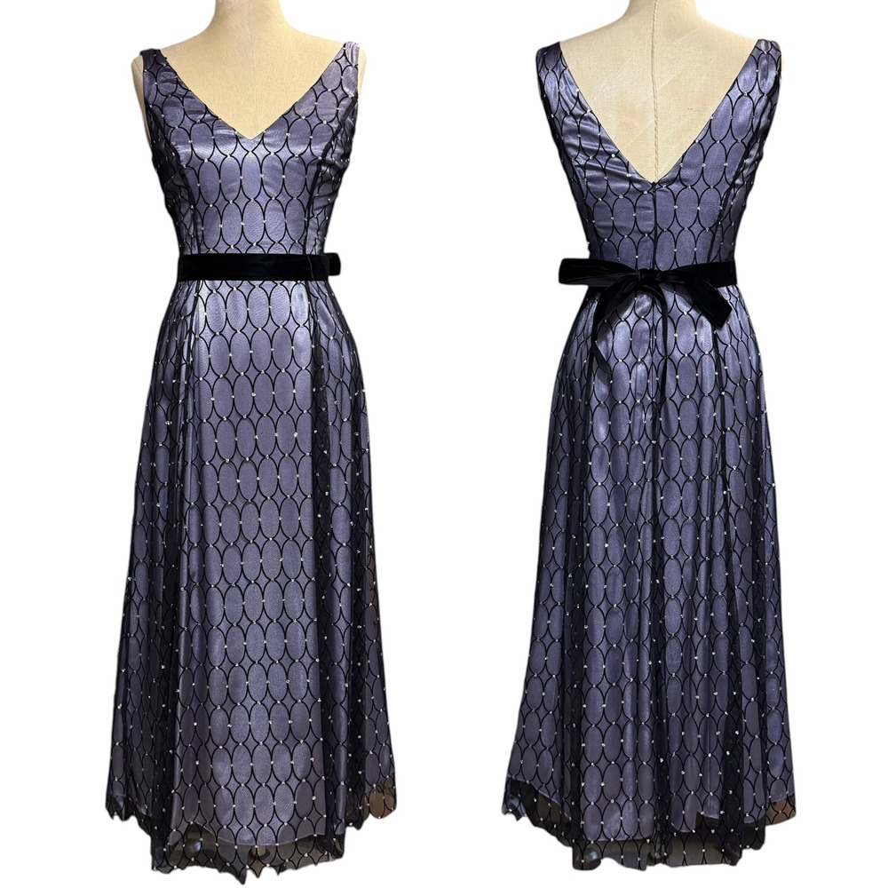 NWT Papell 4 Dress Purple Black Velvet Bow Rhinestone Formal Whimsy Goth Wedding